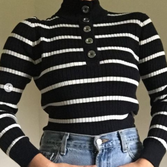 Ralph Lauren Black and White Striped Turtleneck w Button Collar Medium - Picture 4 of 4